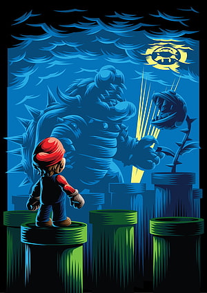 Super Mario Confronting Bowser in a Dark Blue Stylized Illustration HD phone wallpaper
