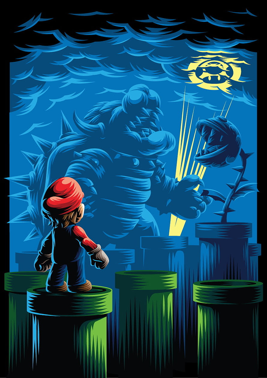 Super Mario Confronting Bowser in a Dark Blue Stylized Illustration HD phone wallpaper