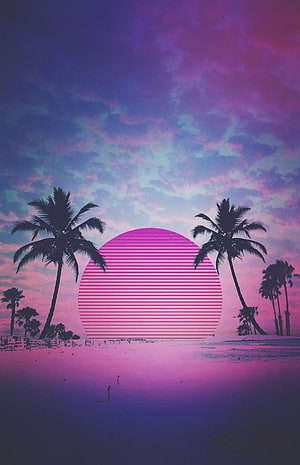 Neon Pink Retro Wave Sunset with Silhouetted Palm Trees on a Tropical Beach HD phone wallpaper