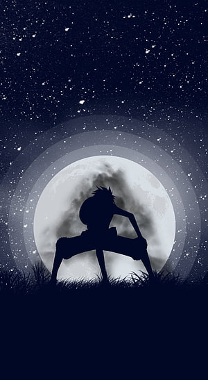 Monkey D. Luffy Silhouette in Gear Second Pose Against a Glowing Full Moon and Starry Night Sky HD phone wallpaper