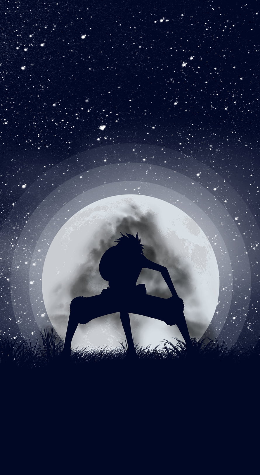Monkey D. Luffy Silhouette in Gear Second Pose Against a Glowing Full Moon and Starry Night Sky HD phone wallpaper