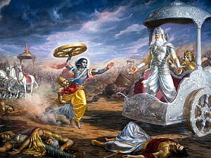 Krishna and Arjuna on the Divine Chariot in the Mahabharata Battle HD wallpaper