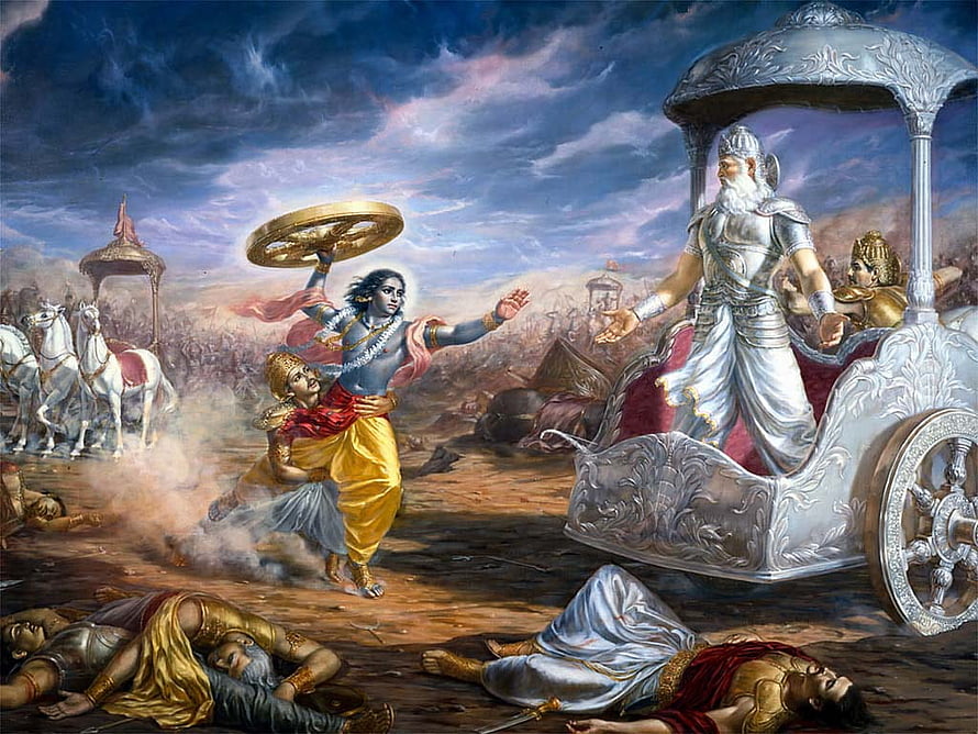 Krishna and Arjuna on the Divine Chariot in the Mahabharata Battle HD wallpaper