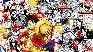 Monkey D. Luffy Holding Straw Hat in One Piece Manga Collage HD wallpaper