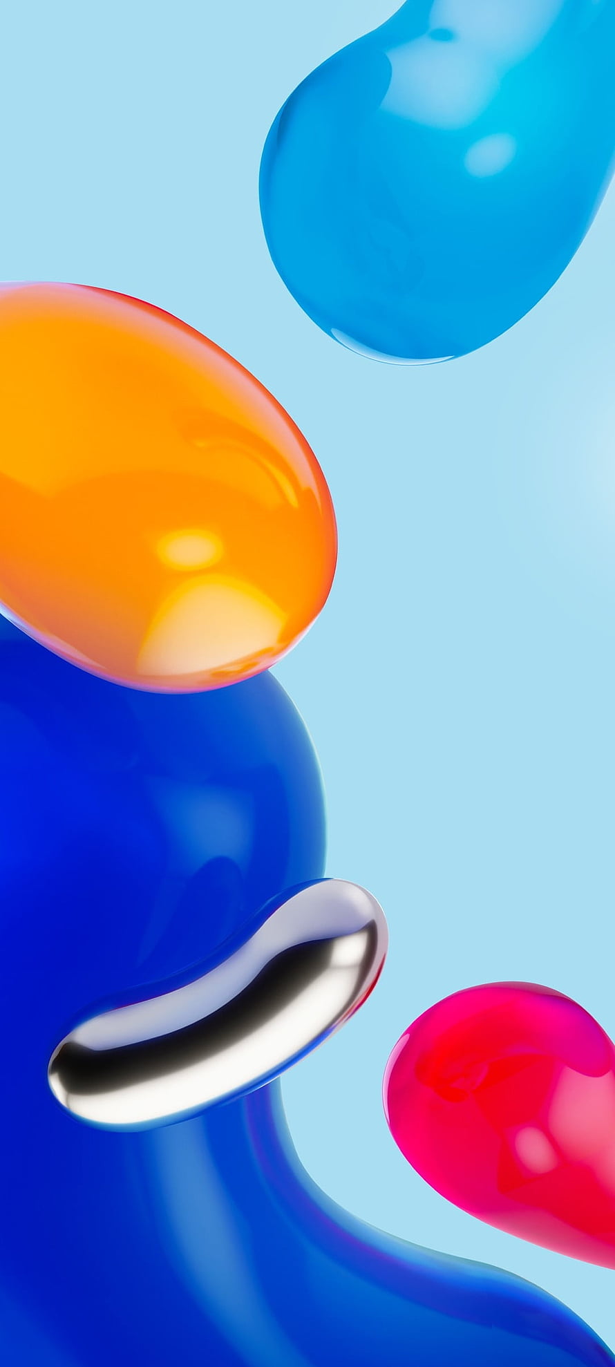 Vibrant 3D Abstract Liquid Shapes with Glossy Chrome Accent on Light Blue Background HD phone wallpaper