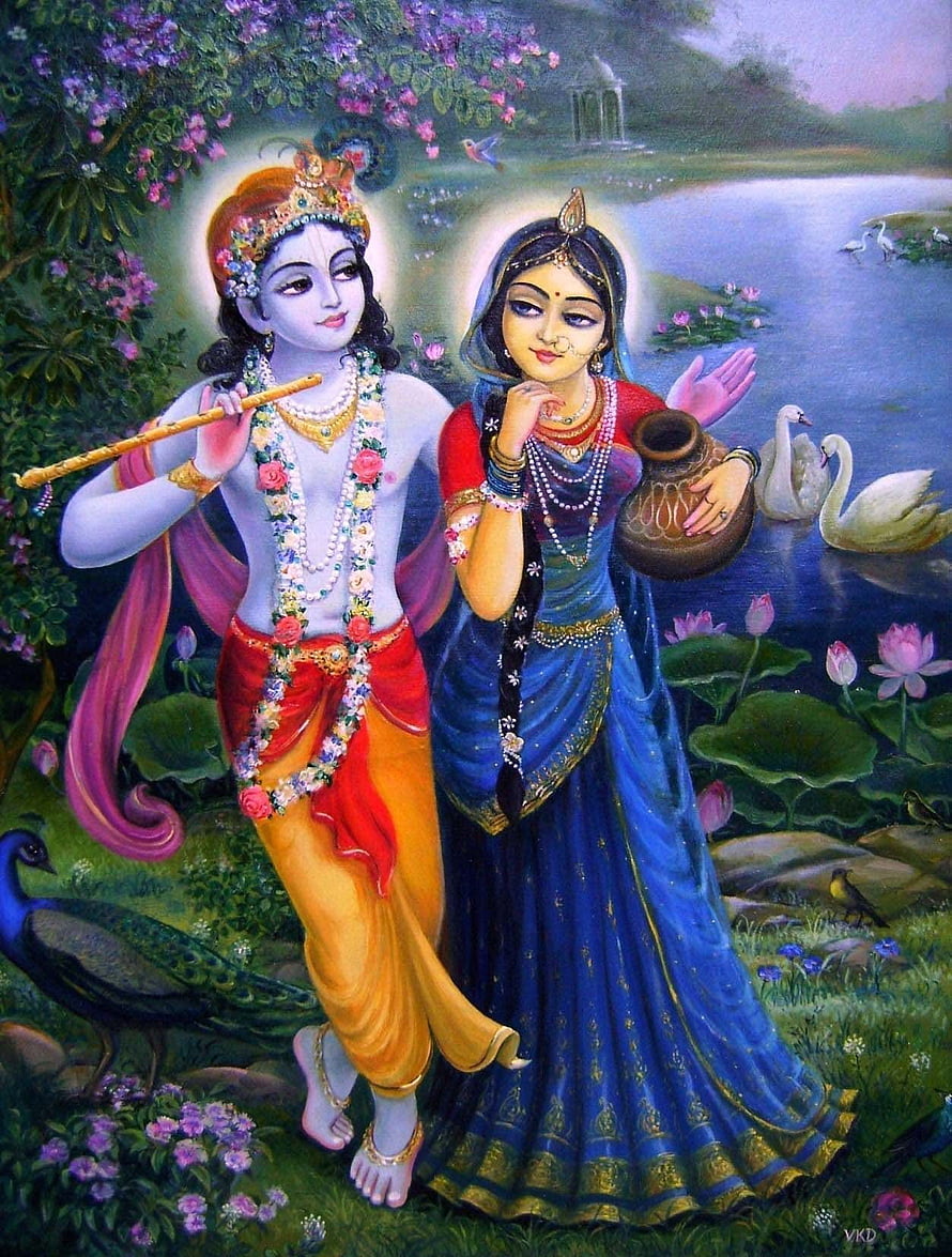 Radha and Krishna Walking Together in a Lotus Pond with Peacock and Swans HD phone wallpaper
