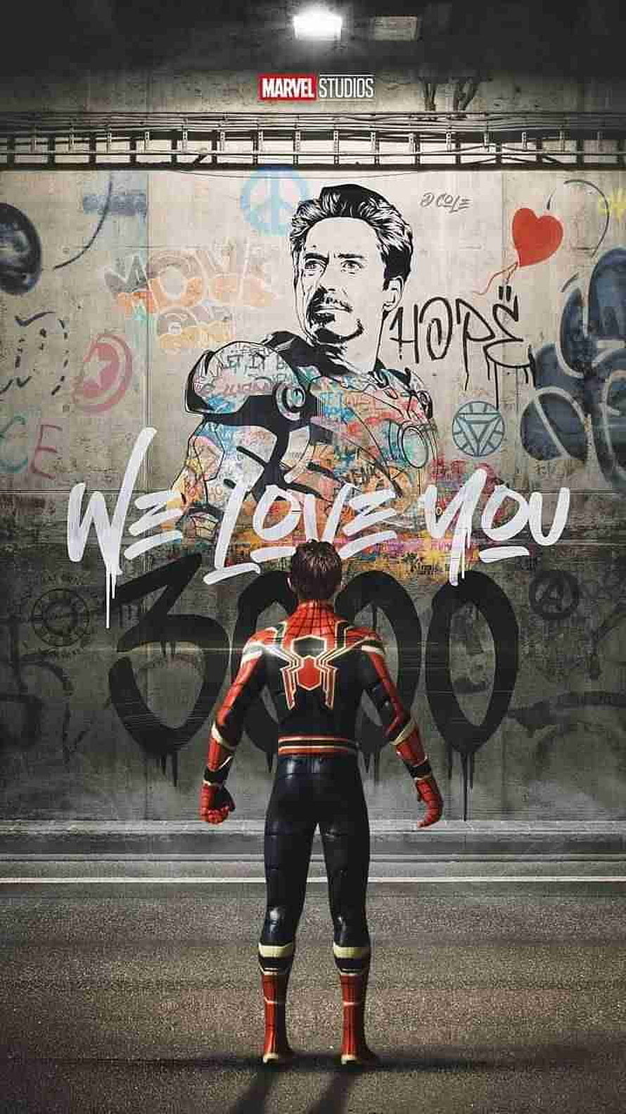 Spider-Man Iron Spider Suit Standing Before Iron Man Mural in We Love You 3000 Tribute, Iron Man And Iron Spider Man Love You 3000 HD phone wallpaper