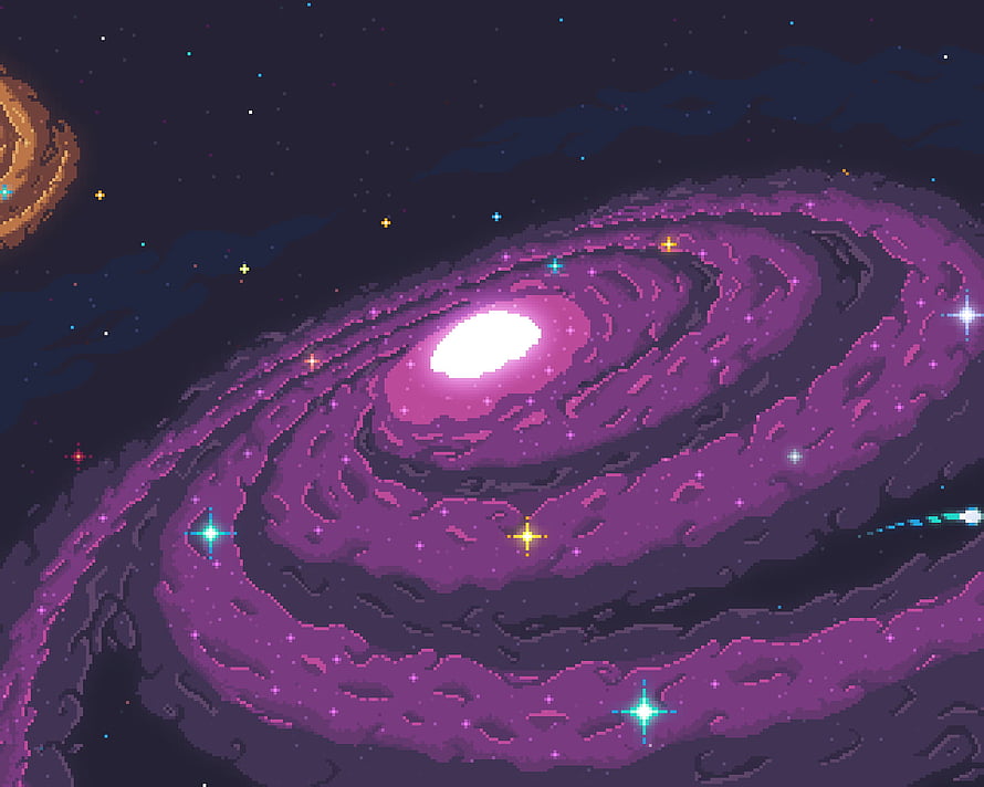 Vibrant Purple Spiral Galaxy in Retro Pixel Art Style HD wallpaper