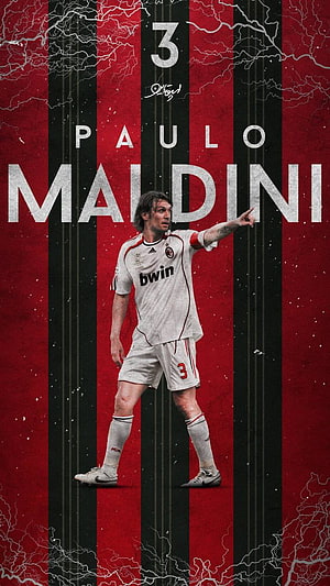 Paolo Maldini in AC Milan Away Kit Pointing Forward on Red and Black Striped Background HD phone wallpaper