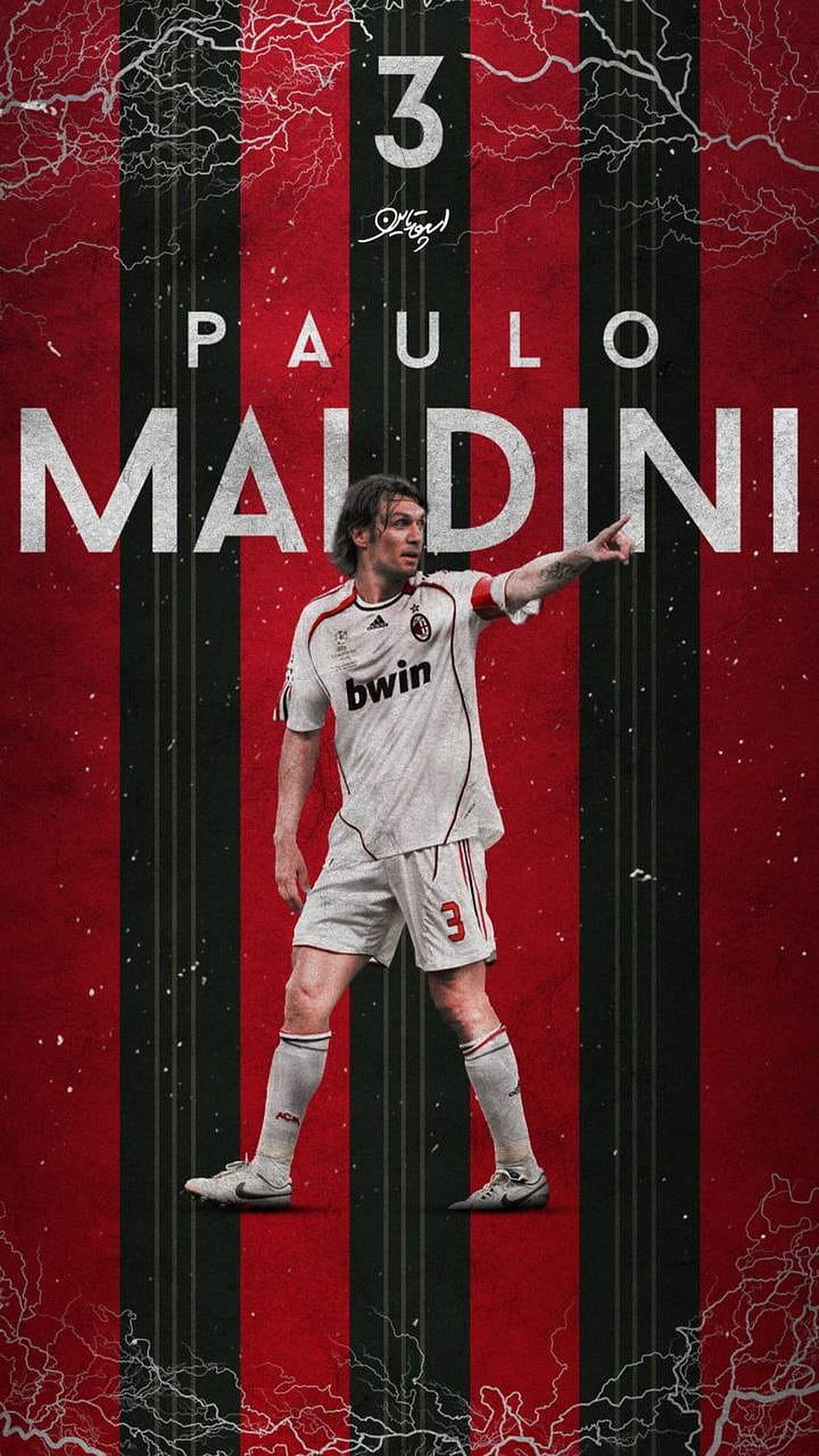 Paolo Maldini in AC Milan Away Kit Pointing Forward on Red and Black Striped Background HD phone wallpaper