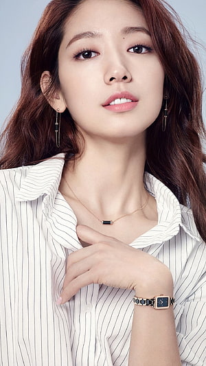 Park Shin Hye Elegant Portrait in Striped Shirt with Jewelry and Watch HD phone wallpaper