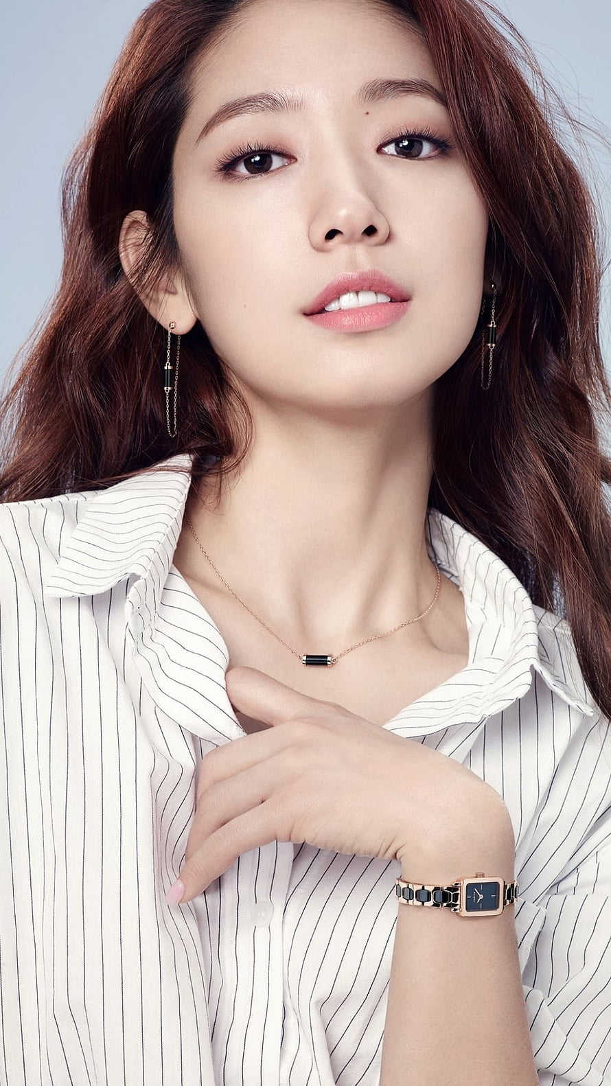 Park Shin Hye Elegant Portrait in Striped Shirt with Jewelry and Watch HD phone wallpaper