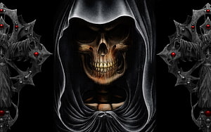 Grim Reaper Skull in Black Hood with Gothic Crosses and Red Gems HD wallpaper