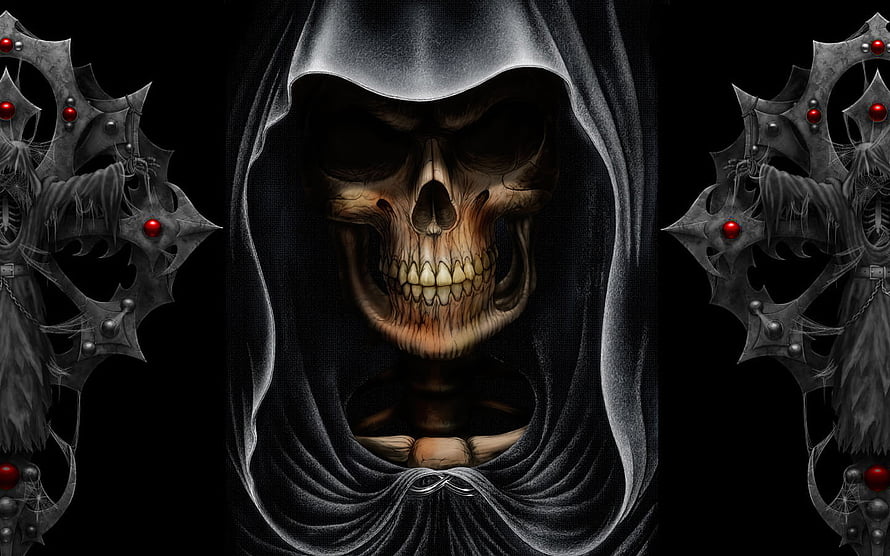 Grim Reaper Skull in Black Hood with Gothic Crosses and Red Gems HD wallpaper