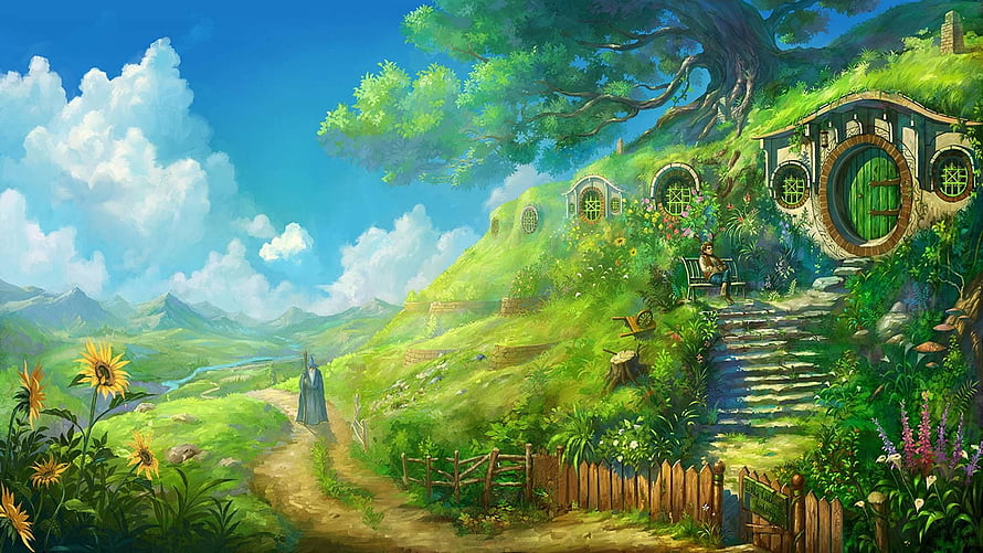 Whimsical Hobbiton Hillside Village with Round Doors and Lush Greenery HD wallpaper