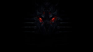 Dark Metallic Demon Face With Glowing Red Eyes In Deep Shadow HD wallpaper