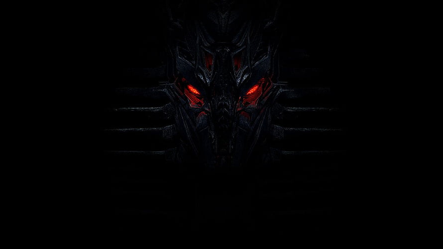 Dark Metallic Demon Face With Glowing Red Eyes In Deep Shadow HD wallpaper