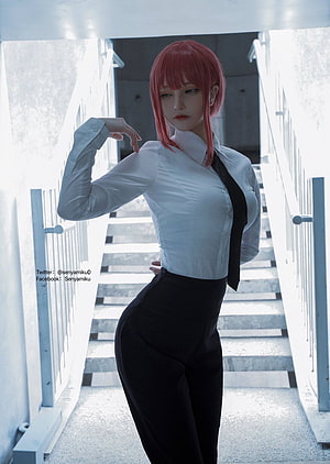 Makima Cosplay from Chainsaw Man in White Shirt and Black Tie HD phone wallpaper