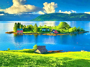 Scenic Norwegian Fjord Island with Red Cottages and Lush Green Hills HD wallpaper
