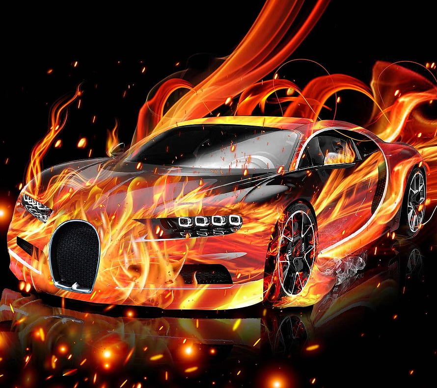 Bugatti Chiron Enveloped in Dramatic Flames and Sparks on Black Background HD wallpaper