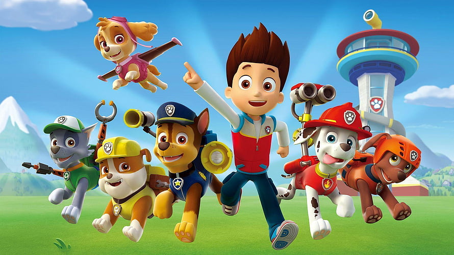 Paw Patrol Team Running Through Meadow With Lookout Tower And Mountains In Background HD wallpaper