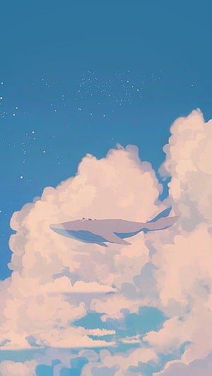 Dreamy Illustration of a Giant Whale Swimming Through Soft Clouds and Starry Sky HD phone wallpaper