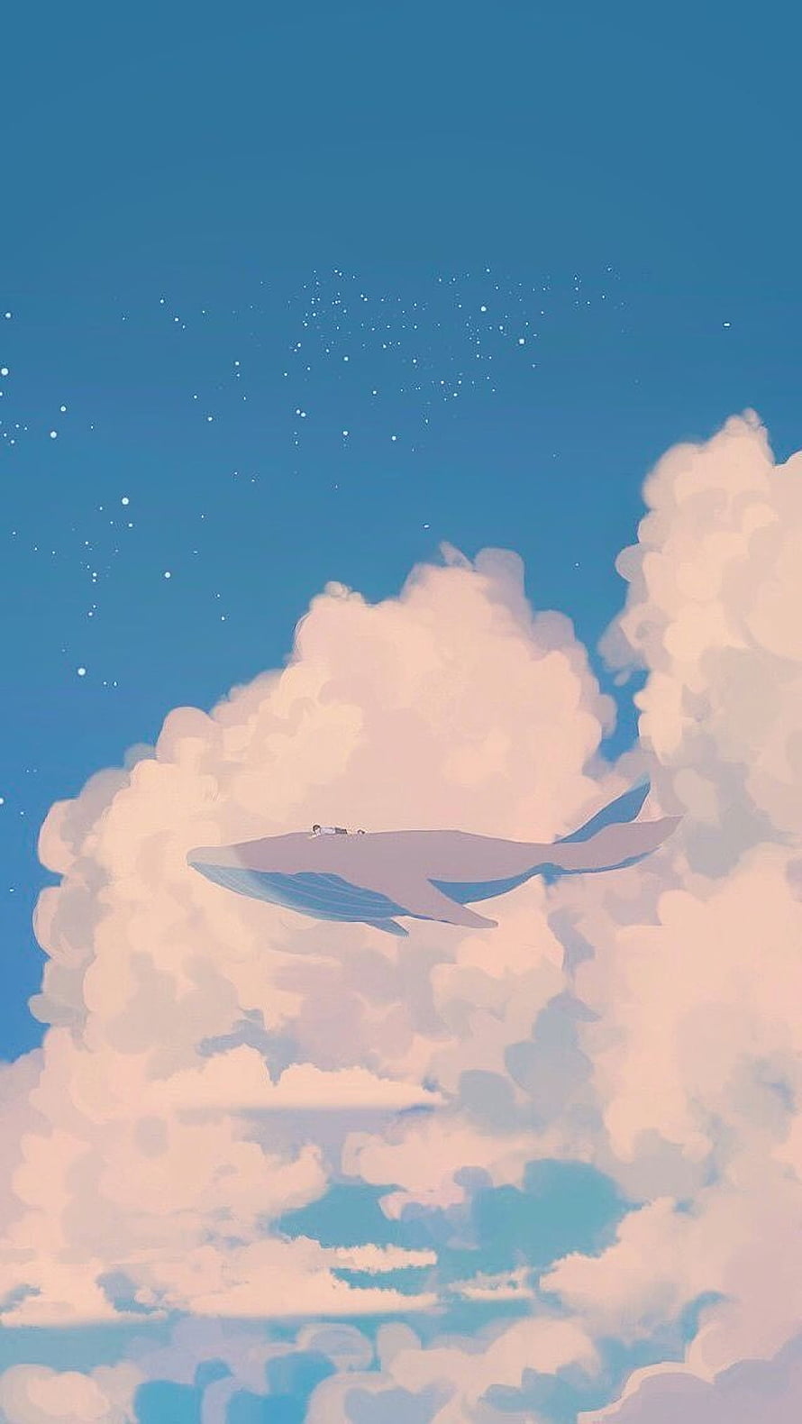 Dreamy Illustration of a Giant Whale Swimming Through Soft Clouds and Starry Sky HD phone wallpaper