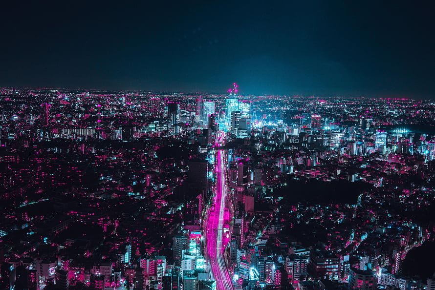 Tokyo Night Skyline with Neon Pink and Cyan Cyberpunk Aesthetic HD wallpaper