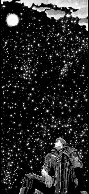 Guts from Berserk Gazing at the Starry Night Sky in Black and White Manga Art HD phone wallpaper