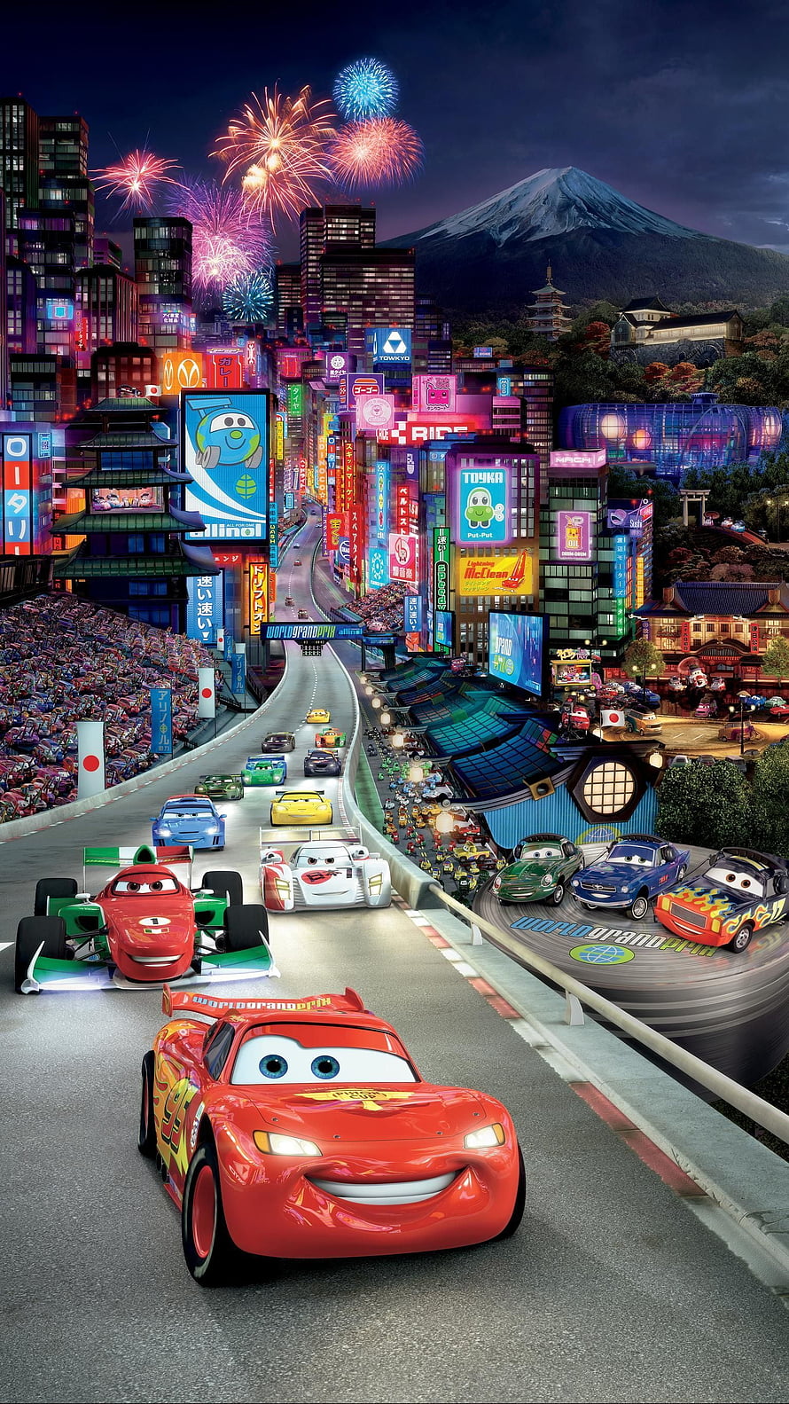 Cars 2 Lightning McQueen Racing Through Tokyo Grand Prix With Mt. Fuji And Fireworks HD phone wallpaper