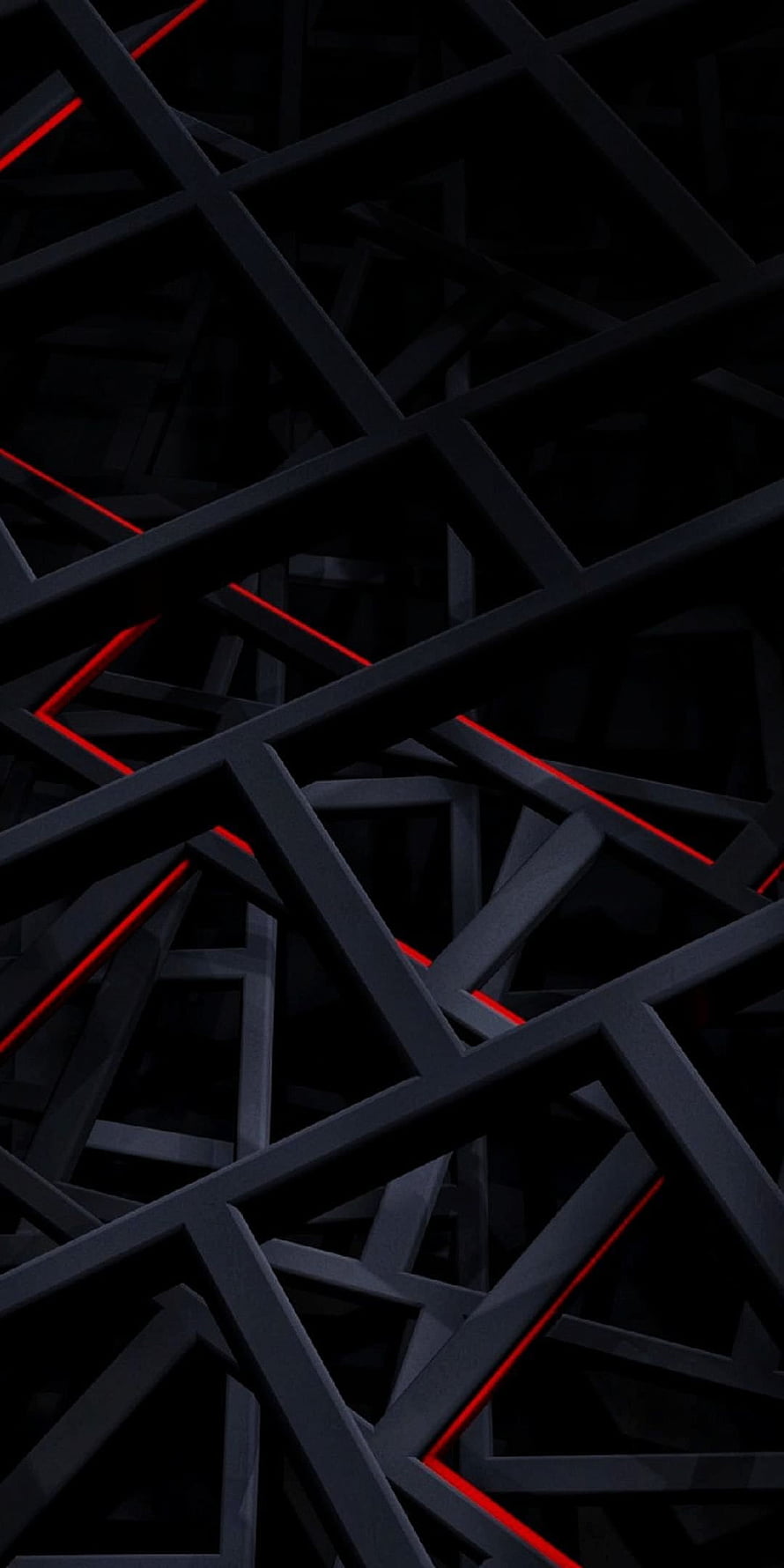 Dark Geometric Abstract Pattern with Red Accent Lines on Black Background HD phone wallpaper