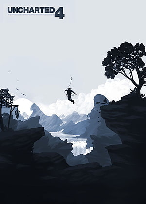 Uncharted 4 Minimalist Poster Featuring Nathan Drake Ziplining Through a Misty Mountain Valley HD phone wallpaper