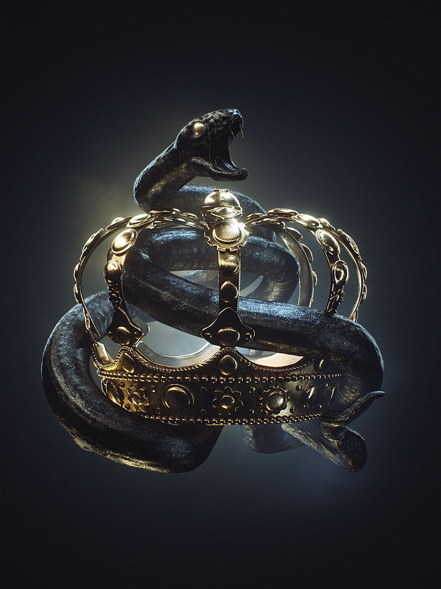 Ornate Golden Crown Entwined with a Coiled Black Snake on a Dark Background HD phone wallpaper