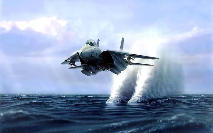 Military Fighter Jet Taking Off From Ocean Surface With Water Spray HD wallpaper