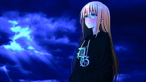 Anime Girl With Long Blonde Hair And Blue Eyes Wearing Black Hoodie Under Dramatic Night Sky HD wallpaper