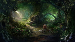 Enchanted Forest Path with Ancient Trees and Glowing Light HD wallpaper