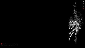 Intricate White Dragon Line Art on Black Background with Traditional Asian Calligraphy HD wallpaper