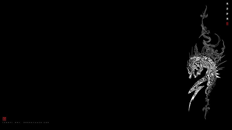 Intricate White Dragon Line Art on Black Background with Traditional Asian Calligraphy HD wallpaper