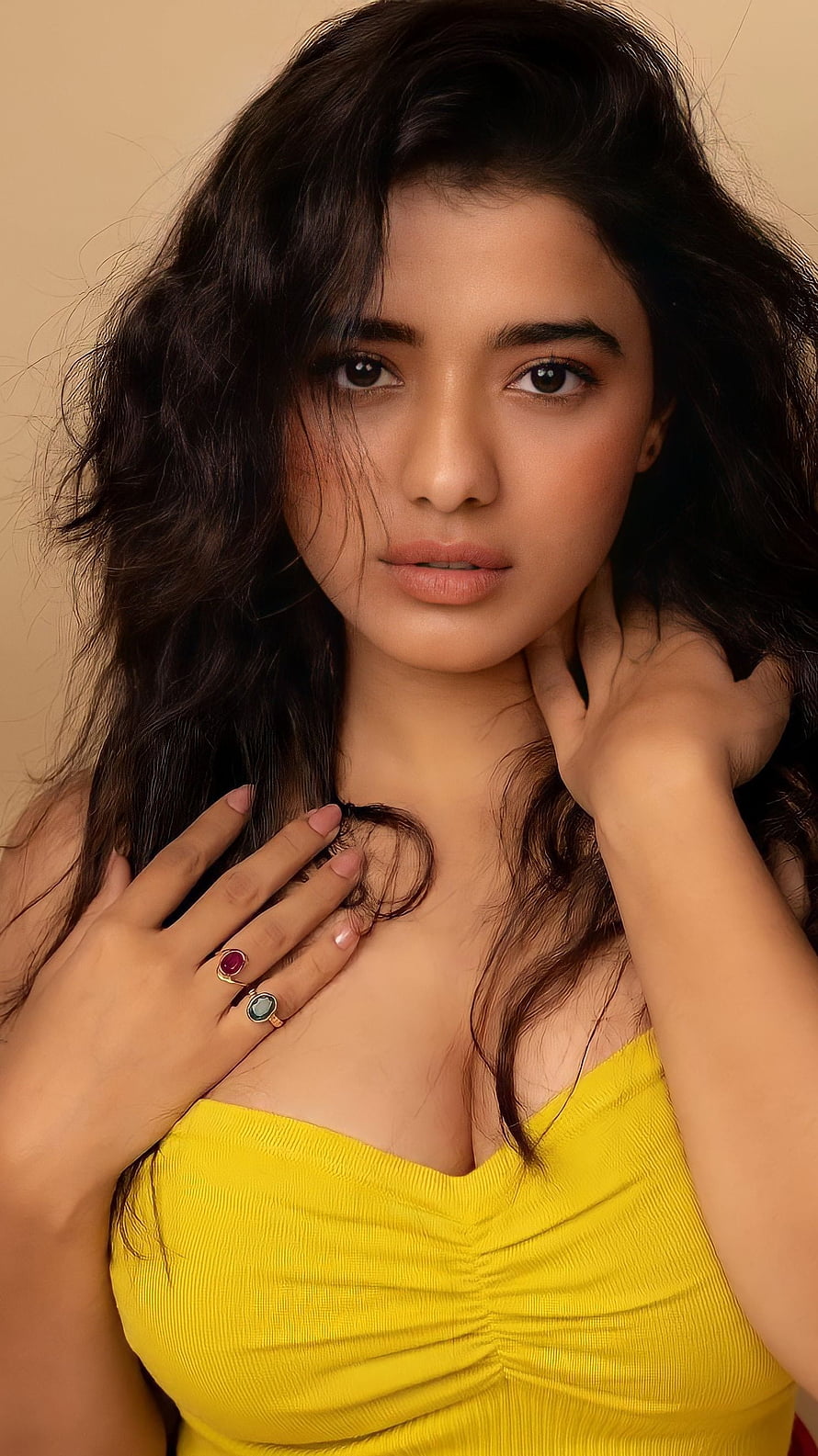 Kethika Sharma Portrait in Yellow Top with Gemstone Rings HD phone wallpaper