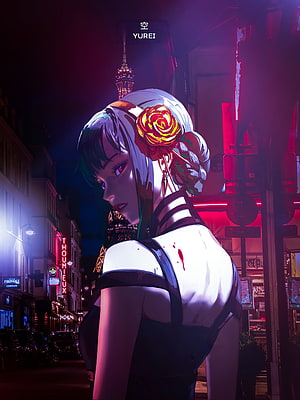 Yor Forger from Spy x Family in a Neon-Lit Cyberpunk Cityscape HD phone wallpaper