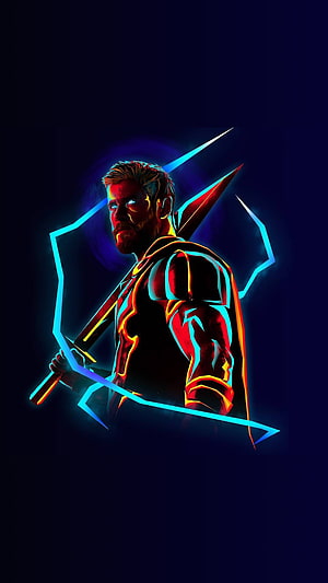Thor Neon Cyberpunk Portrait with Glowing Lightning and Mjolnir HD phone wallpaper