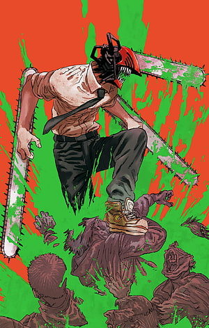 Chainsaw Man Denji Action Illustration with Chainsaw Head and Green Splatter HD phone wallpaper