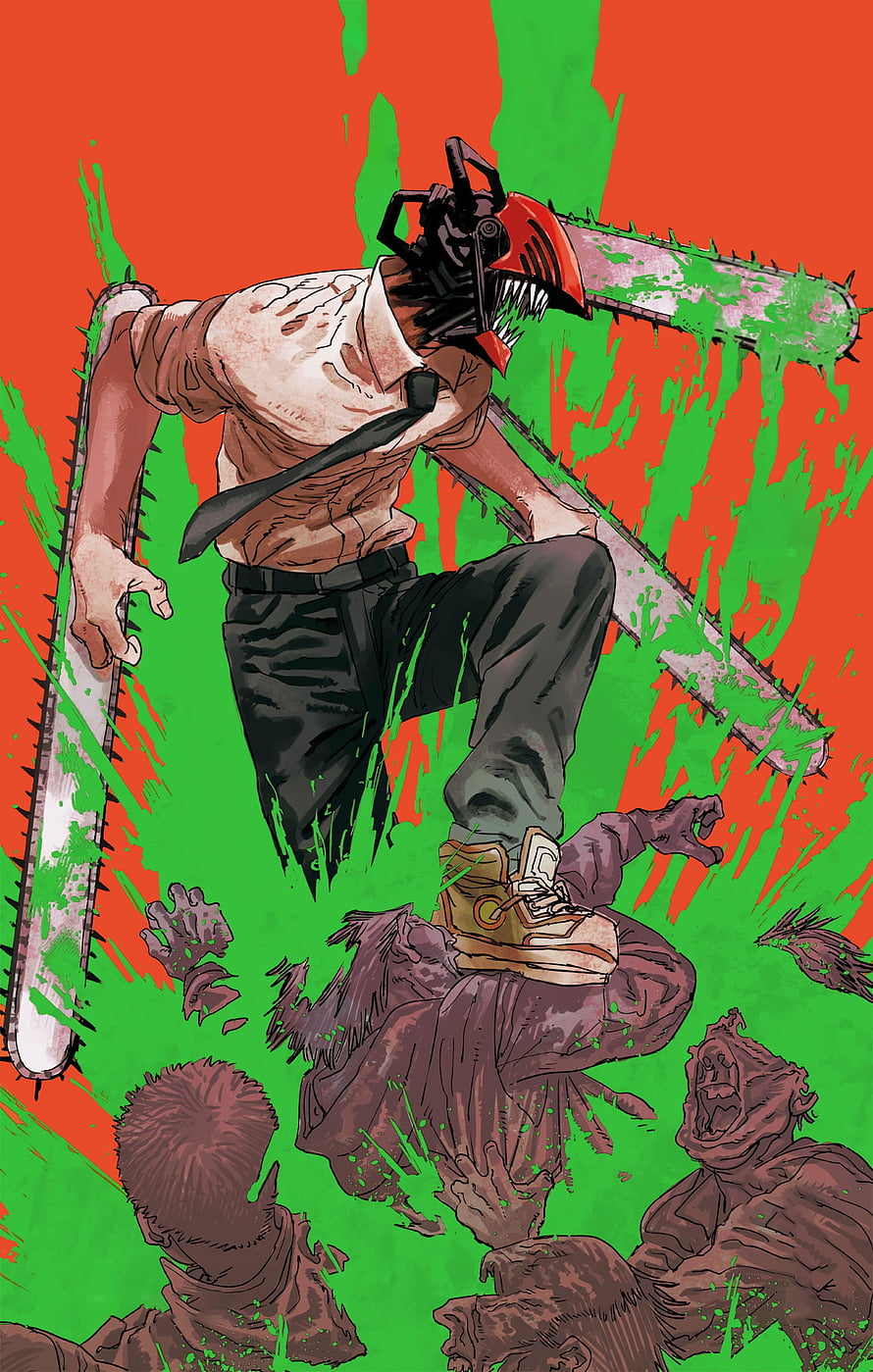 Chainsaw Man Denji Action Illustration with Chainsaw Head and Green Splatter HD phone wallpaper