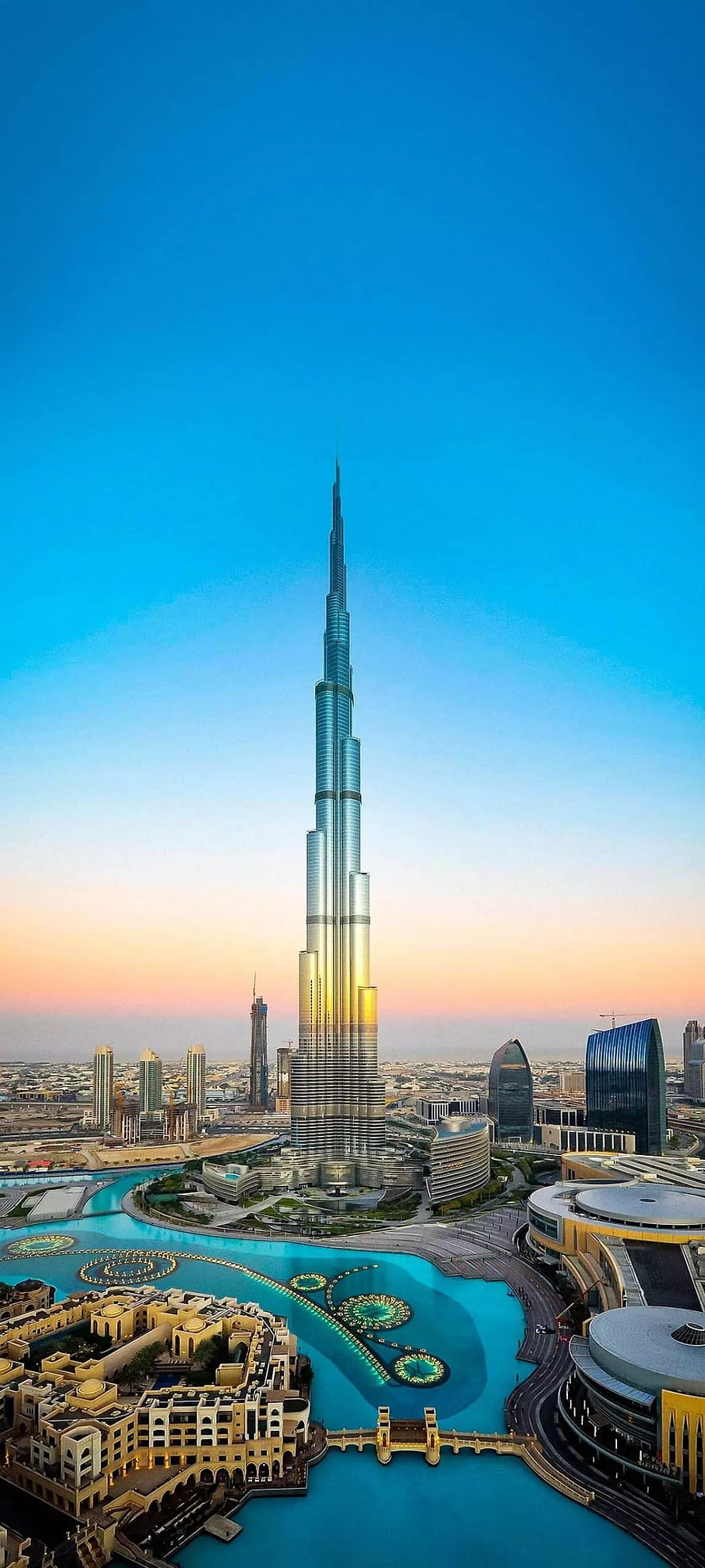 Burj Khalifa Tower Rising Above Dubai Fountain at Sunset HD phone wallpaper