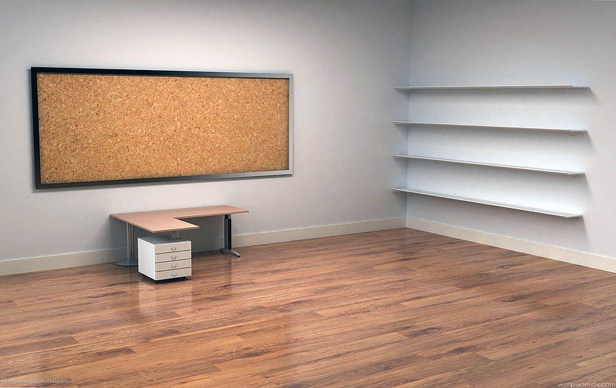 Minimalist Office Interior With Cork Board, Corner Desk, and Wall Shelves on Hardwood Floor HD wallpaper
