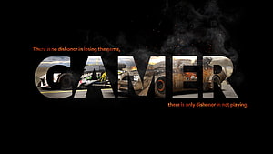 Gamer Racing Car Typography with Smoke and Sparks on Black Background HD wallpaper