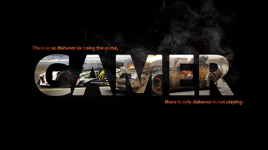 Gamer Racing Car Typography with Smoke and Sparks on Black Background HD wallpaper