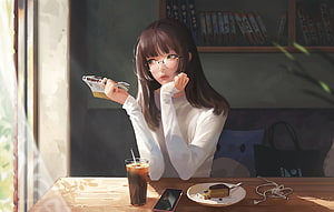 Anime Girl with Glasses Enjoying a Quiet Morning Coffee and Dessert by the Window HD wallpaper