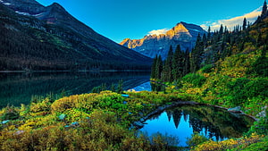 Majestic Mountain Lake Reflections with Golden Sunlight and Lush Alpine Vegetation HD wallpaper
