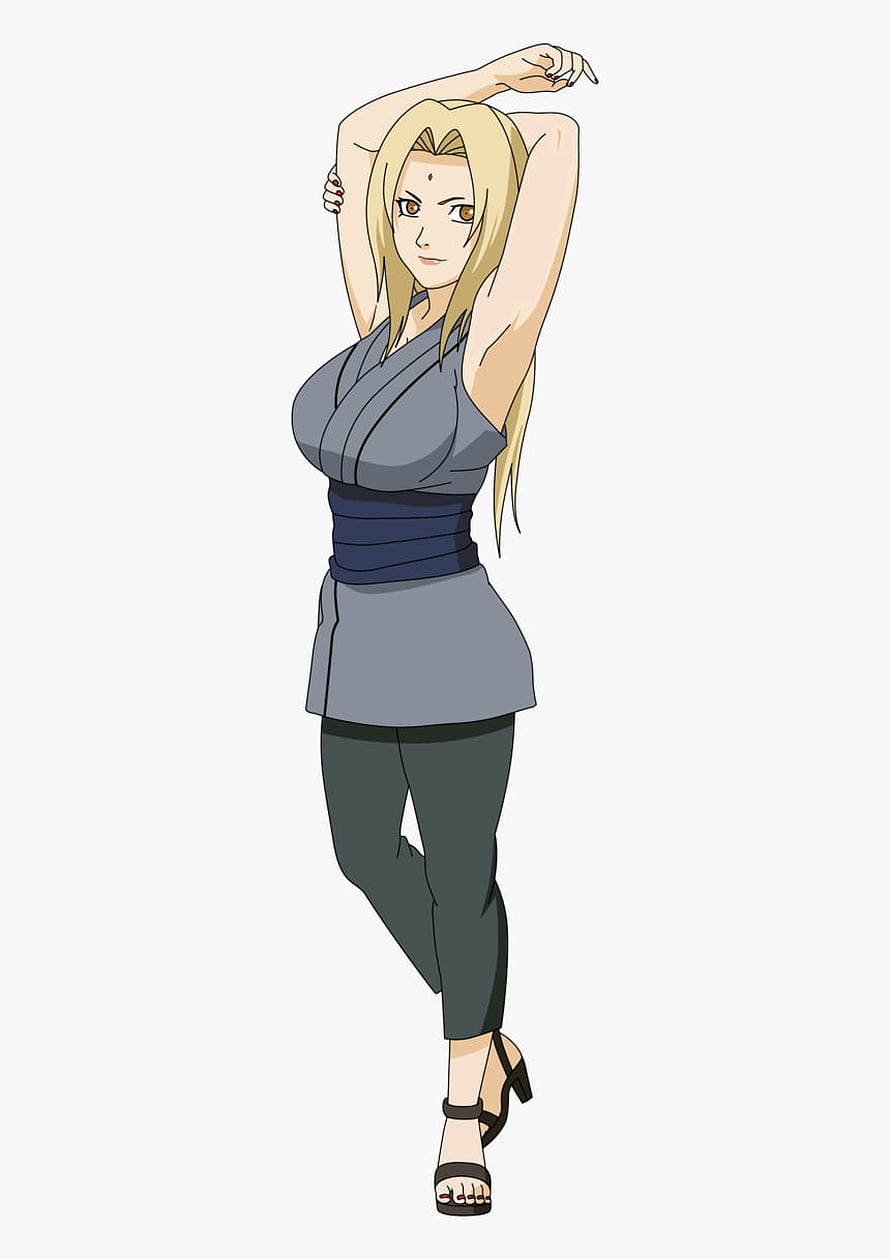 Tsunade Anime Character Standing Pose with Arms Raised in Grey Outfit HD phone wallpaper